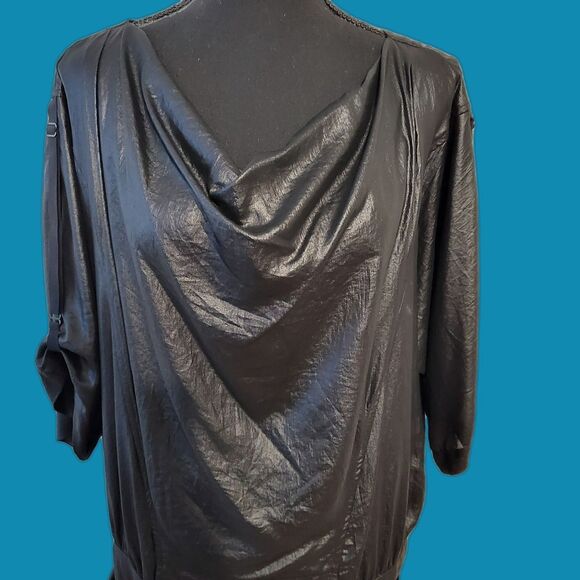 BCBGMAXAZRIA Black Dolman Sleeve Wet Look Cowl Neck Mini Dress Size Small - Picture 3 of 10